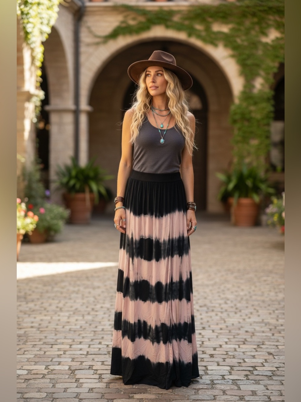 AKIRA Chicago Red Label Black & Blush Tie-Dye Maxi Skirt Size M